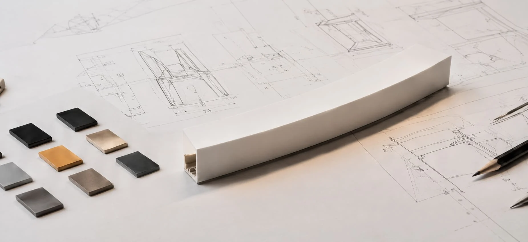 Lighting profile and finish samples arranged on architectural detail drawings
