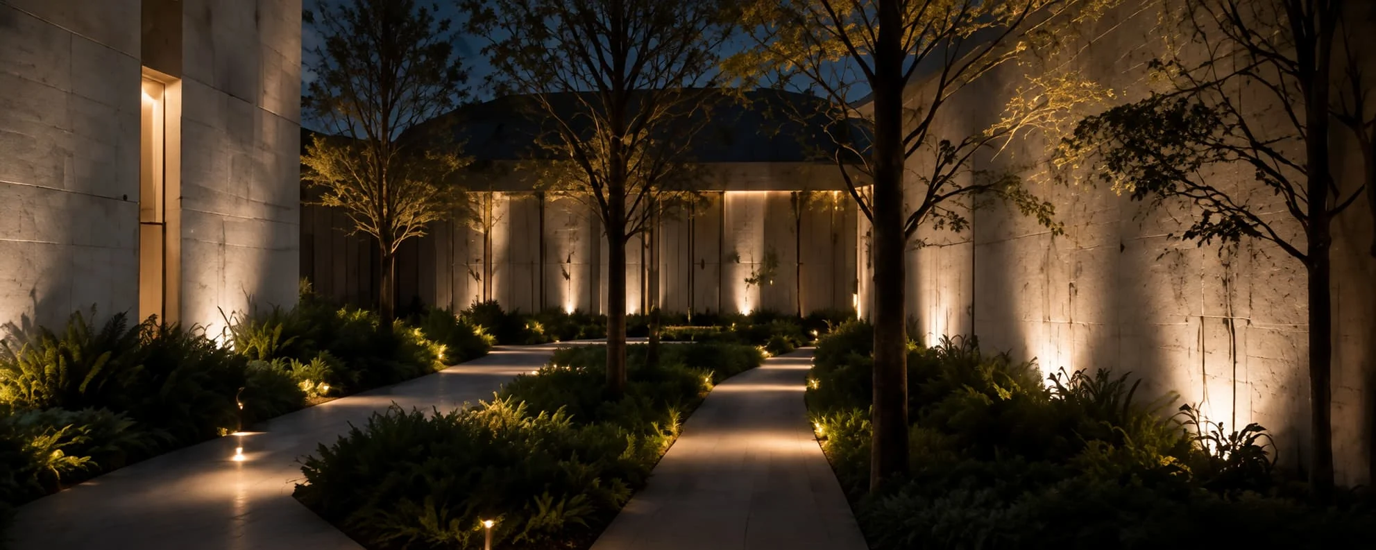 Low-level lighting alongside garden paths and textured outdoor walls