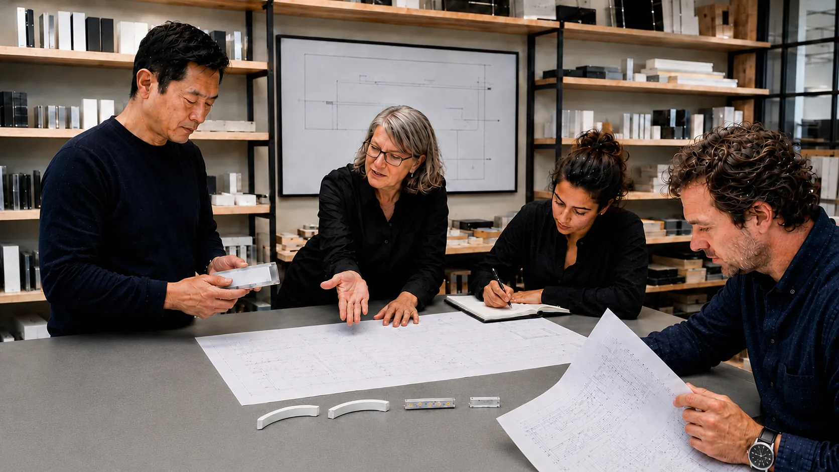 A group reviewing drawings and curved lighting samples at a table.