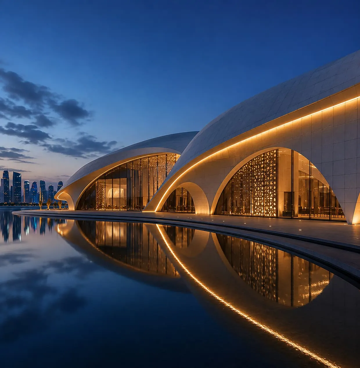 Continuous warm light tracing sweeping facade arches above a reflecting pool