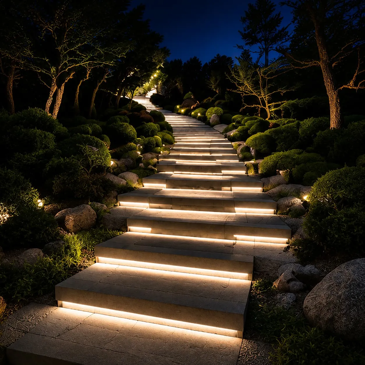Warm light integrated into stone steps ascending through a landscaped garden at night